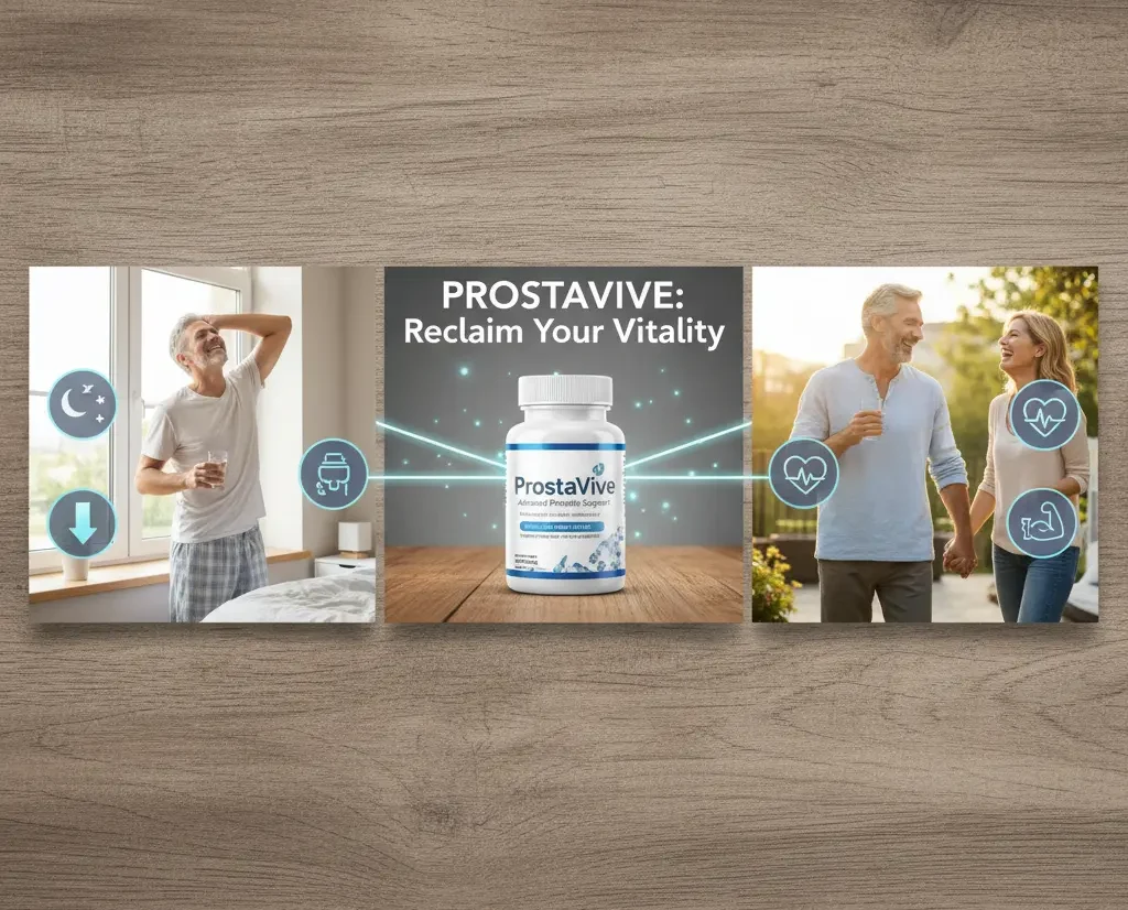 Banner image showing a man waking up refreshed with icons for better sleep and urinary flow, a ProstaVive bottle at the center, and a happy couple walking with icons for heart health and male vitality, symbolizing daily life benefits.