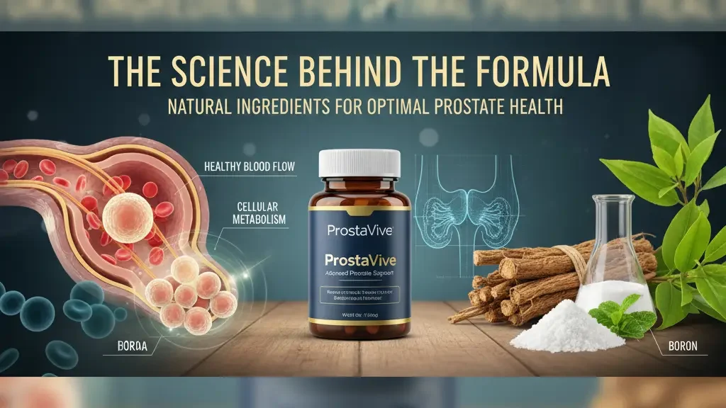 Banner image detailing "The Science Behind the Formula" for ProstaVive, showing a bottle of the supplement surrounded by elements representing healthy blood flow, cellular metabolism, Boron, Tongkat Ali, and a diagram of the prostate.
